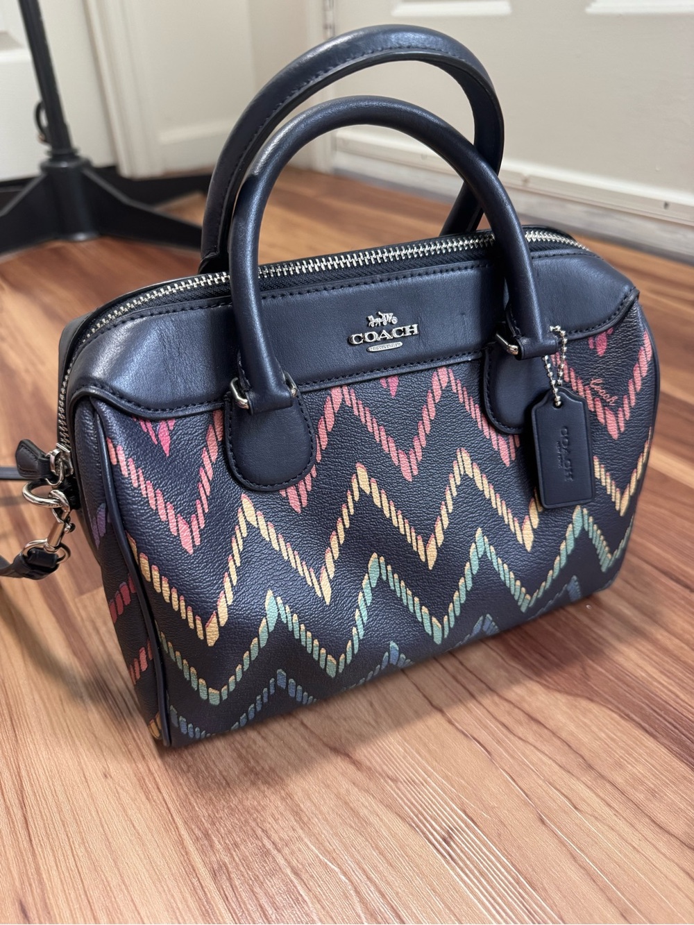 Coach Black Leather Satchel with Multicolor Chevron Zigzag
